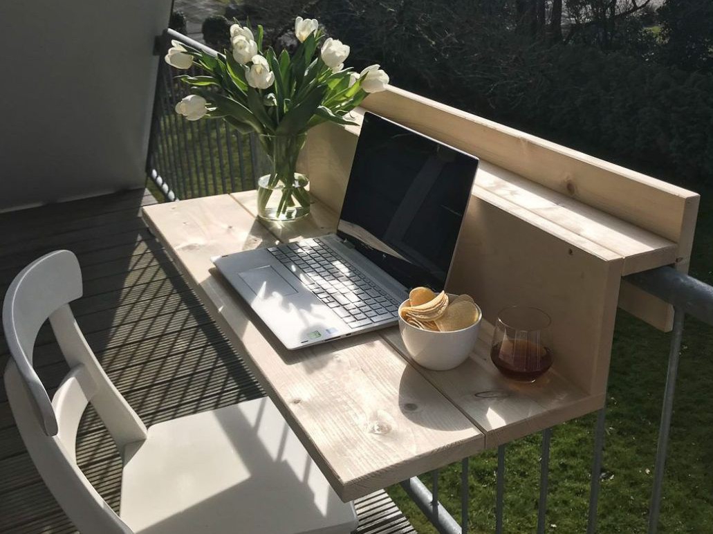 Working remotely: 7 Tips for Creating an outdoor home office. One of which is to add a shelf—foldable or not. You can build one yourself or buy one. There are lots of inexpensive models available in stores. Source: Pinterest